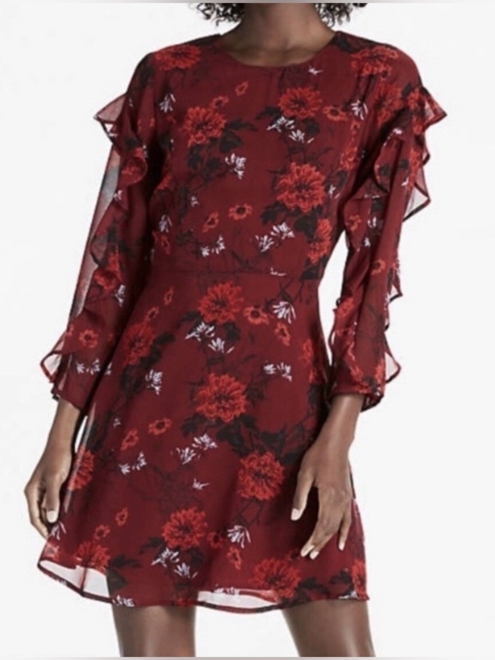 Lucky Brand Red Floral Ruffle Sleeve Dress